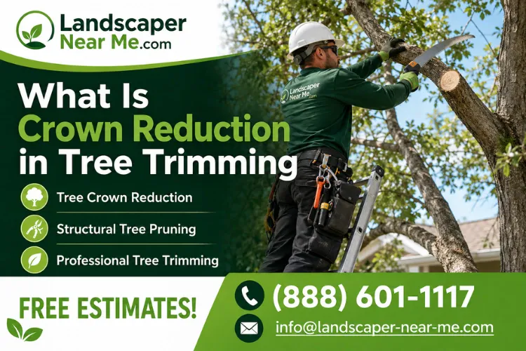 What is crown reduction in tree trimming — Landscaper-Near-Me.com free estimate marketing graphic showing a crew pruning a tree