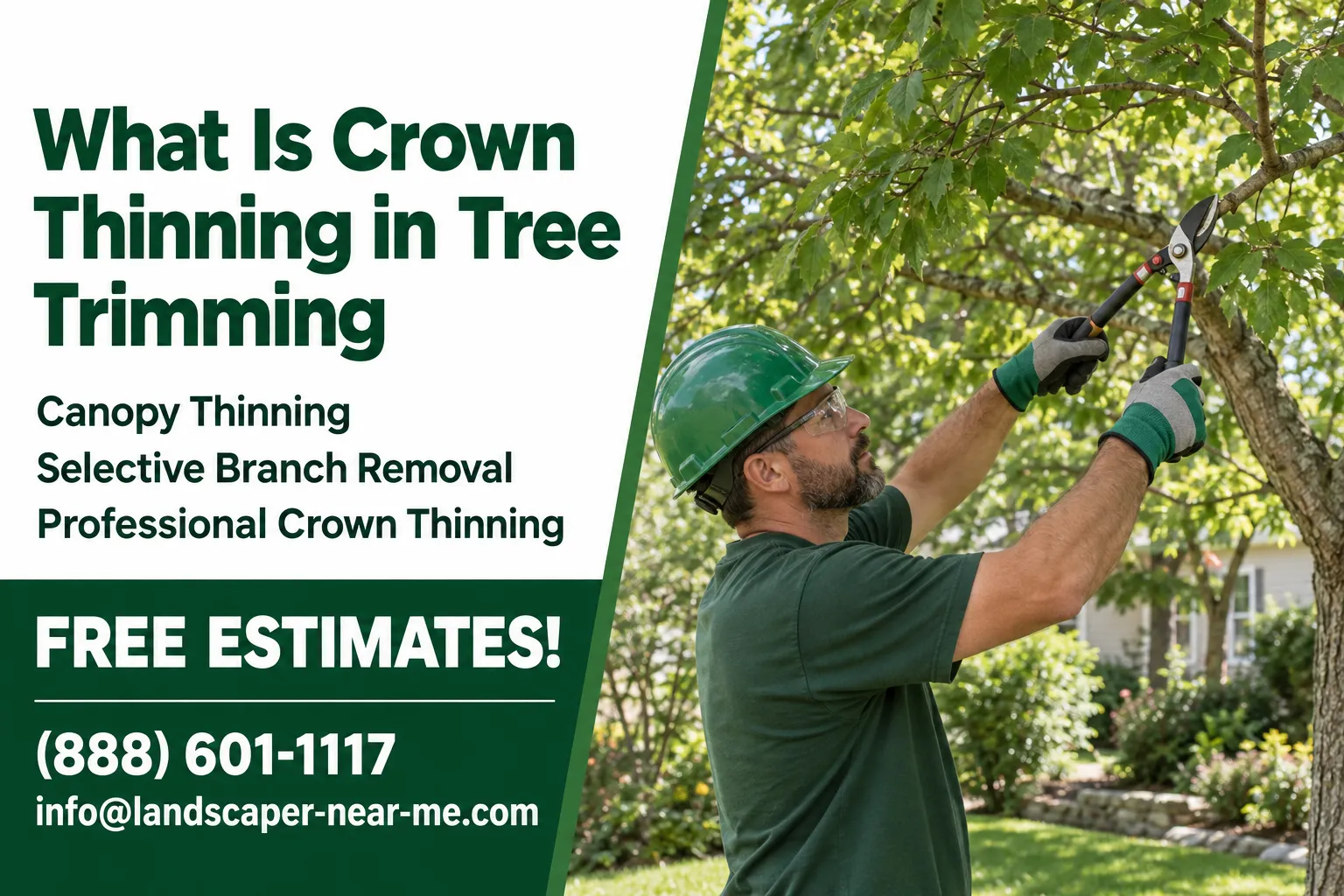 What Is Crown Thinning in Tree Trimming — Landscaper-Near-Me.com marketing graphic showing a tree care worker selectively pruning a small branch inside a mature tree canopy