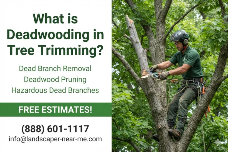 What is Deadwooding in Tree Trimming? marketing graphic showing a professional tree worker removing a dead limb from a canopy, with Landscaper-Near-Me.com service details and contact information