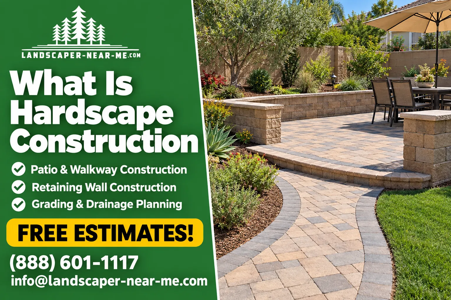 What Is Hardscape Construction marketing graphic showing a new paver patio, curved walkway, and low retaining wall beside Landscaper-Near-Me.com free estimate and contact details