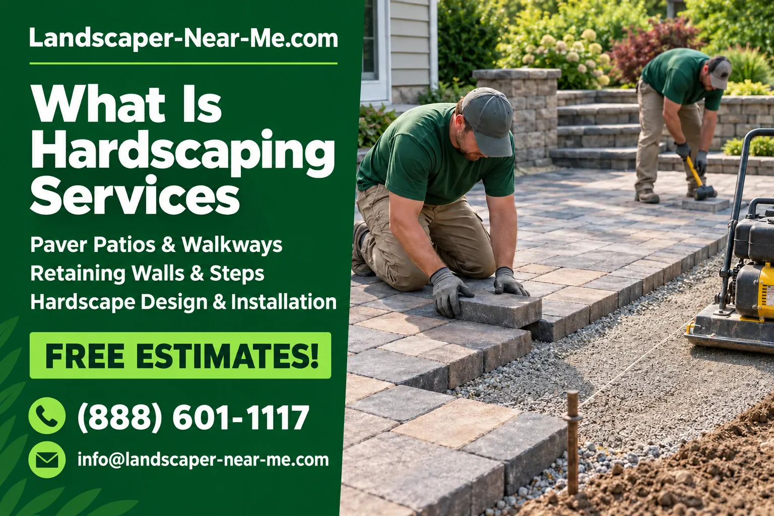 What is Hardscaping Services marketing image from Landscaper-Near-Me.com showing a crew installing a concrete paver patio beside service and contact details