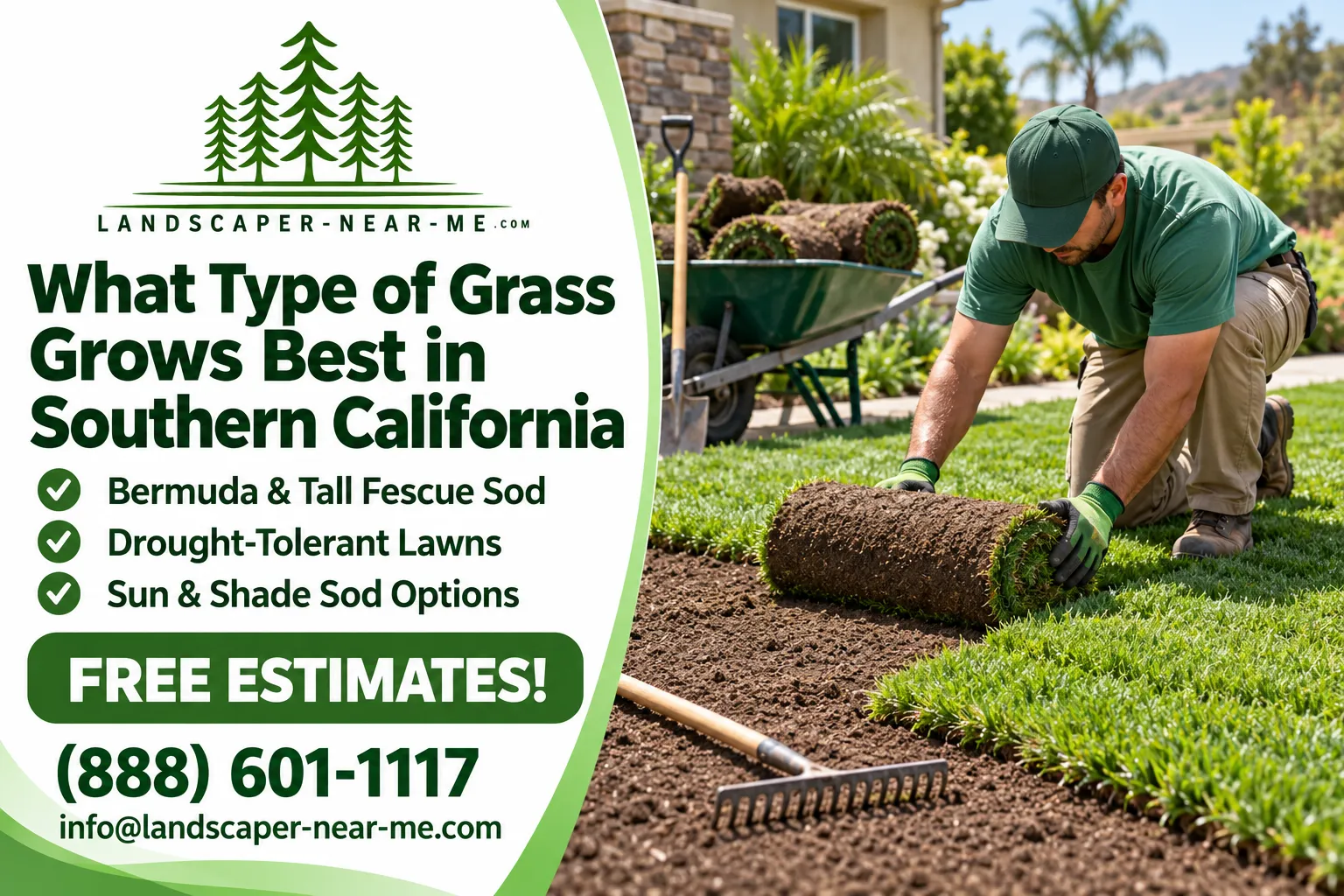 What Type of Grass Grows Best in Southern California — marketing graphic showing a landscaper installing fresh sod with Landscaper-Near-Me.com contact information