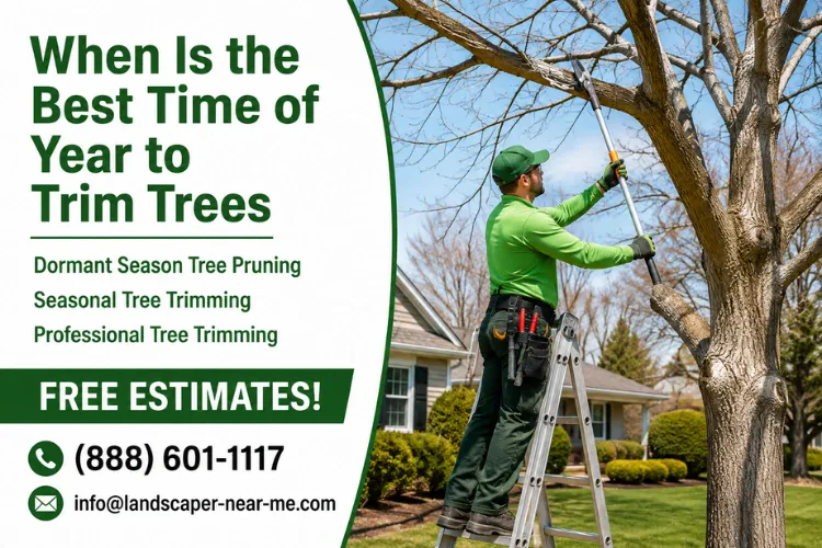 When Is the Best Time of Year to Trim Trees marketing graphic showing a professional crew trimming a deciduous tree with Landscaper-Near-Me.com contact information