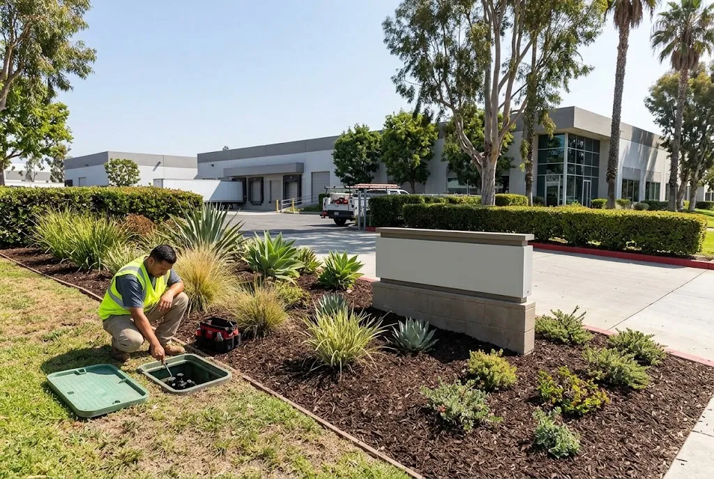 Business park entrance with trimmed shrub border, clear monument sign, and technician checking an irrigation valve box