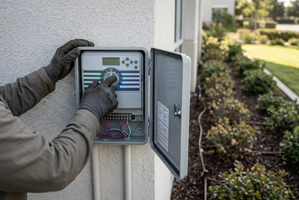 Landscape professional programming a wall-mounted irrigation controller outside an office building beside irrigated planting beds