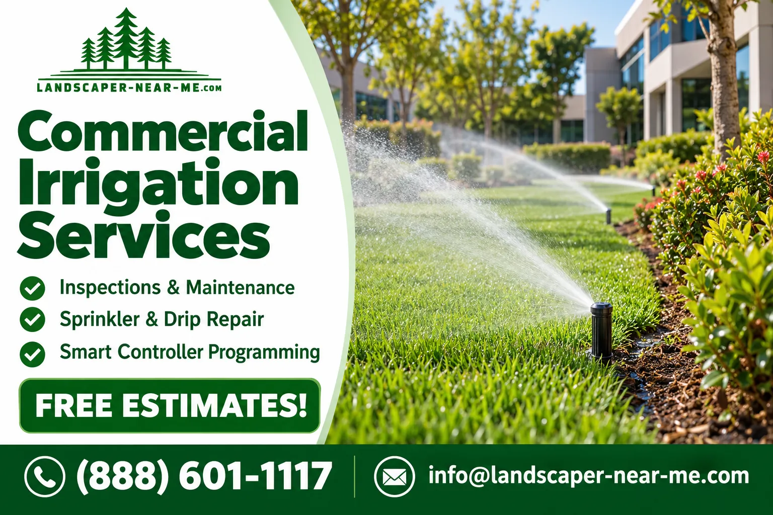 Commercial Irrigation Services marketing graphic with pop-up sprinklers watering a business park lawn, a free estimate offer, and contact details