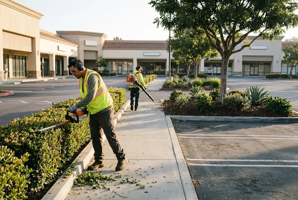 Landscape crew trimming hedges and clearing a walkway at a shopping center before business hours
