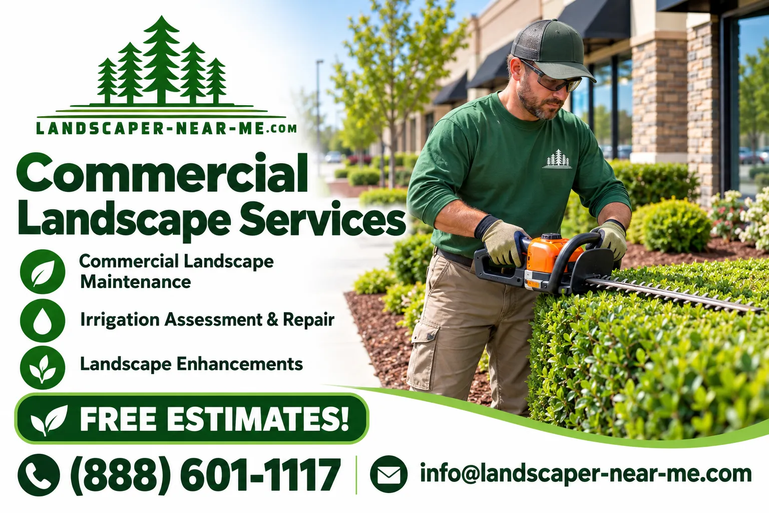 Commercial Landscape Services shown with a landscape maintenance worker trimming a hedge beside a retail center storefront