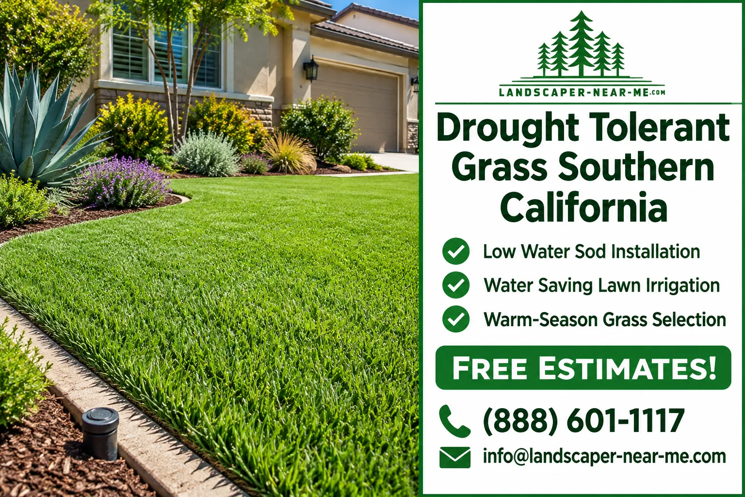 Drought Tolerant Grass Southern California marketing image showing a sunlit warm-season lawn with free estimate and contact information from Landscaper-Near-Me.com