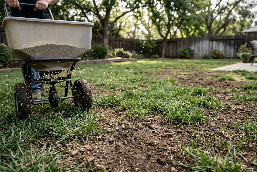 Broadcast spreader overseeding a thinning tall fescue lawn after core aeration
