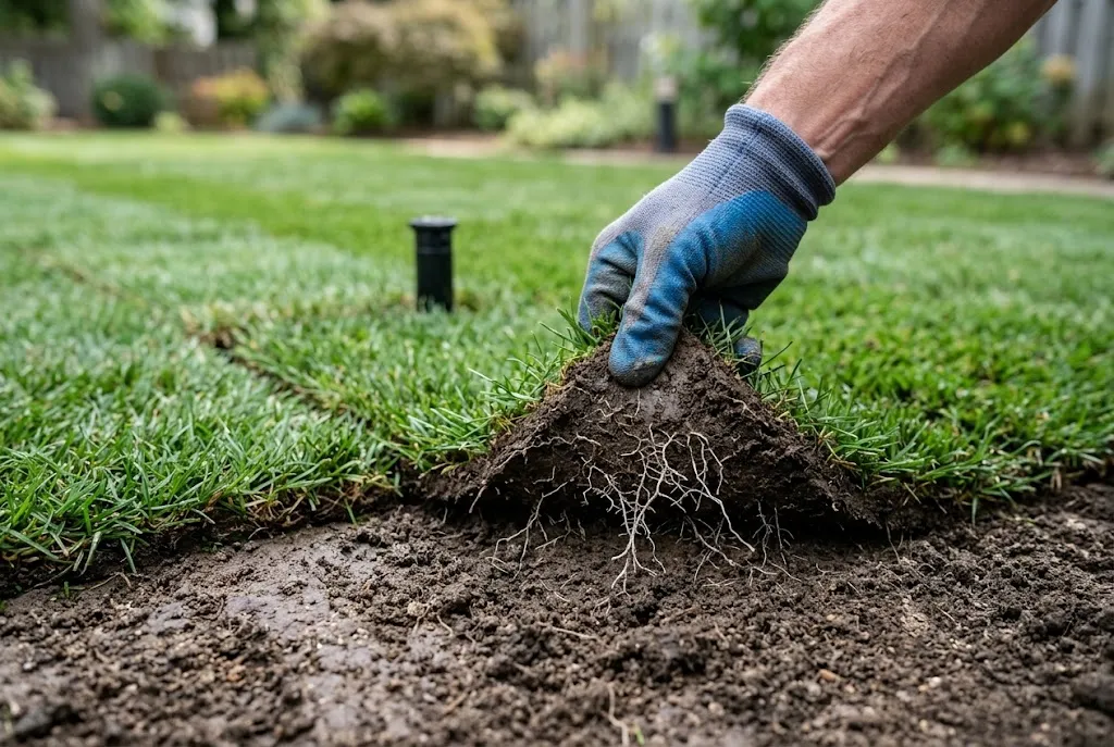 Hand lifting the corner of new sod to check for roots in damp soil