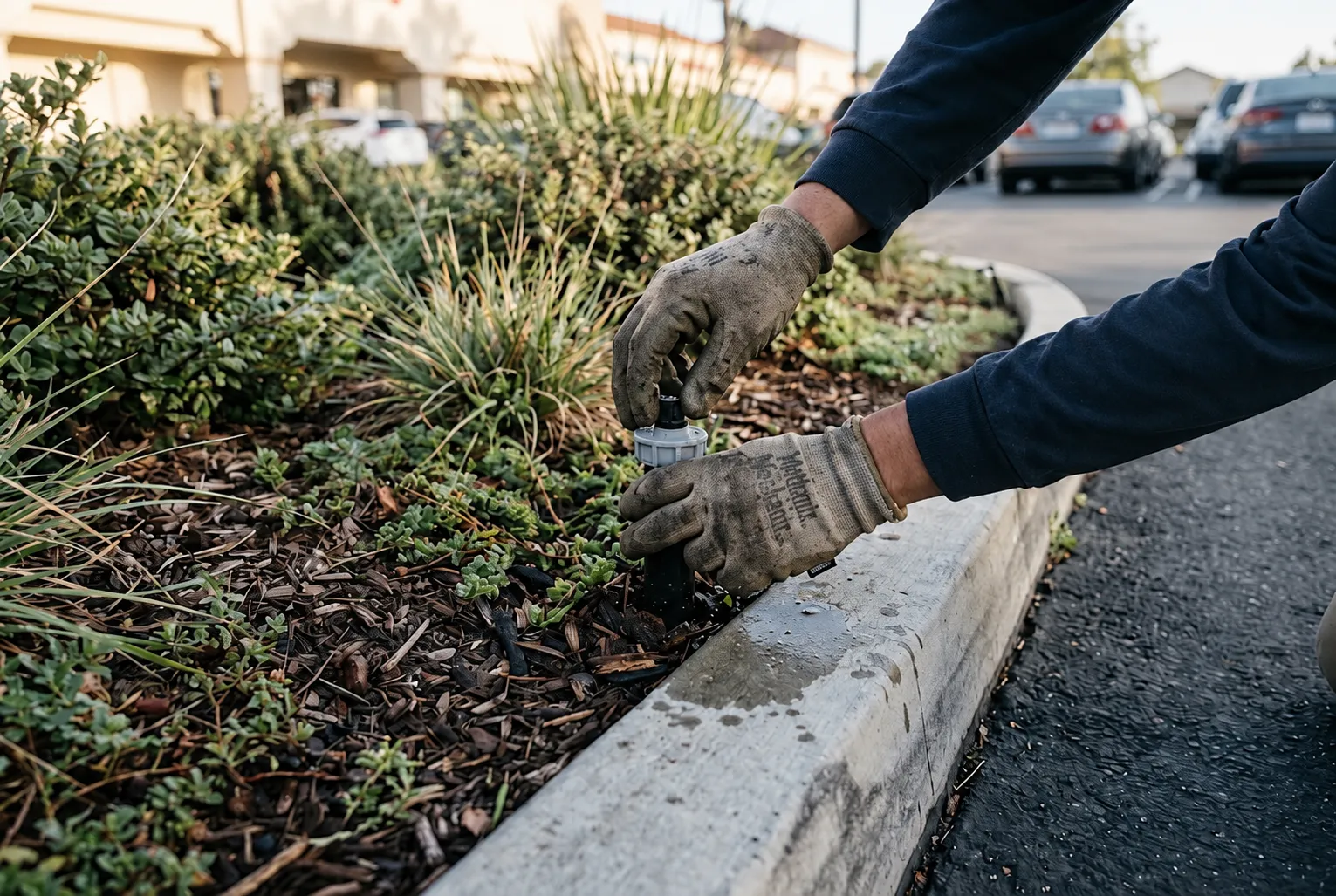 Technician adjusting a sprinkler head in a planted parking lot island to stop overspray onto pavement