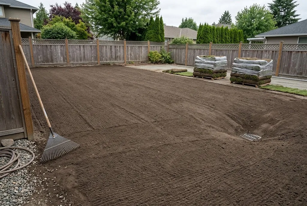 Graded and raked bare soil with sod rolls staged for installation