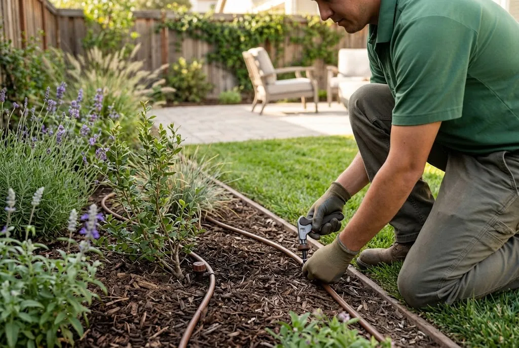 Landscape technician adjusting a drip irrigation emitter in a mulched backyard planting bed beside a lawn and patio