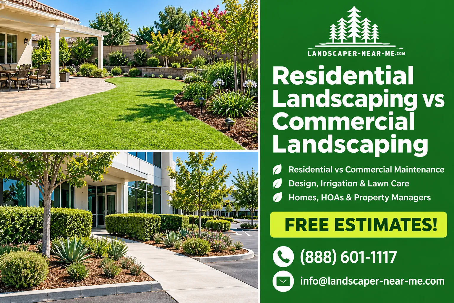 Residential Landscaping vs Commercial Landscaping marketing graphic with a home backyard and a commercial entrance landscape beside a green panel offering free estimates
