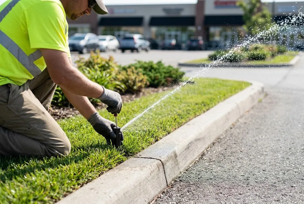 Landscape technician adjusting a pop-up sprinkler head in a retail center parking lot island to keep spray off the pavement