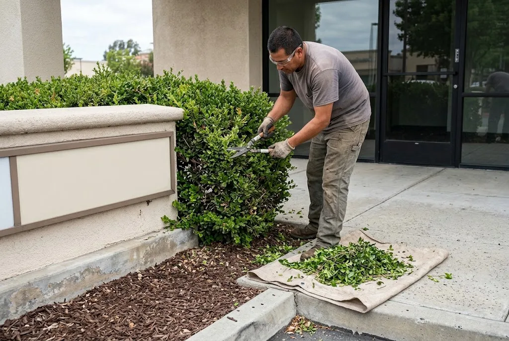 Landscape worker selectively pruning a shrub away from a tenant sign at a retail storefront