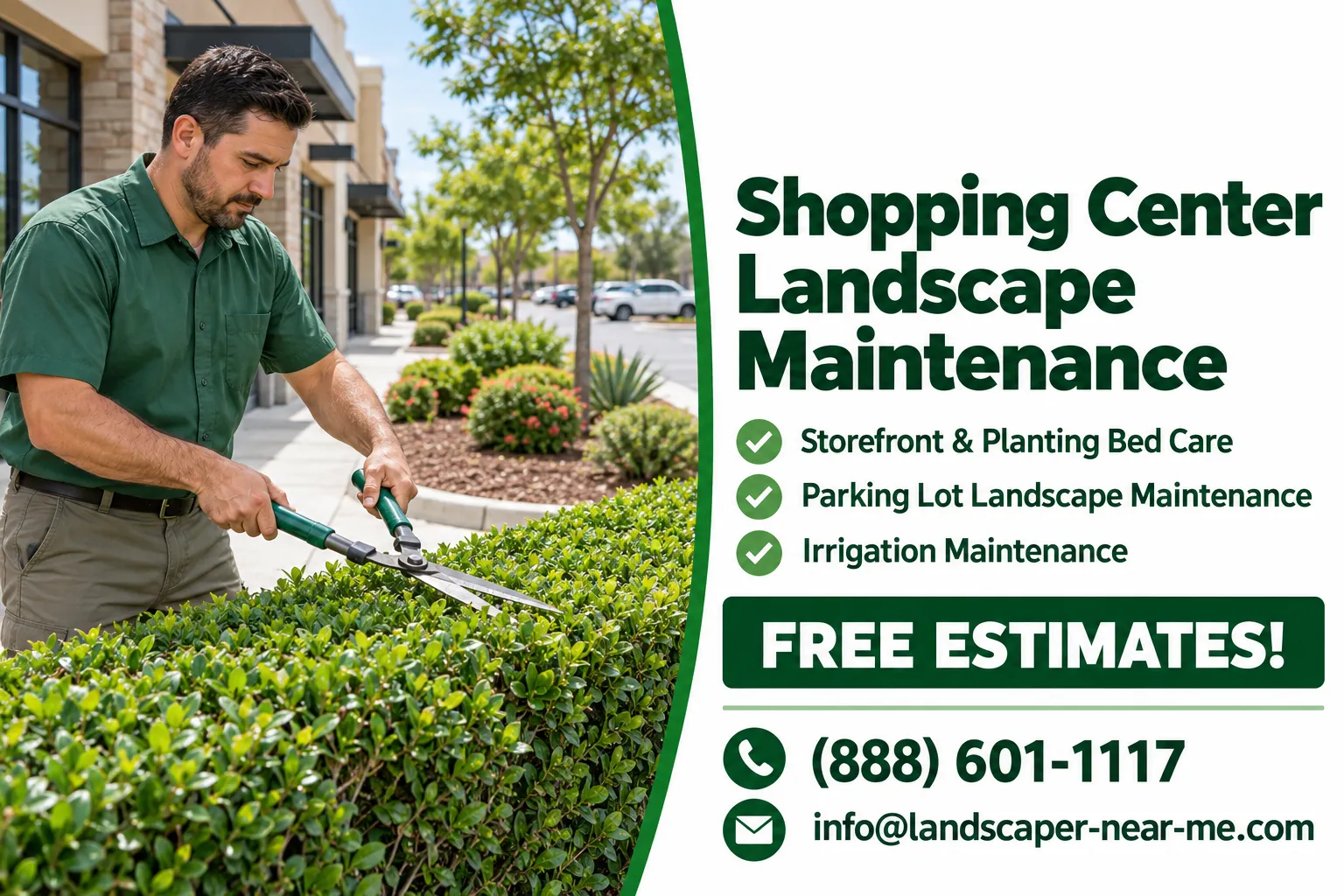 hopping Center Landscape Maintenance graphic showing a technician pruning a hedge beside a retail storefront walkway, with free estimate and contact details