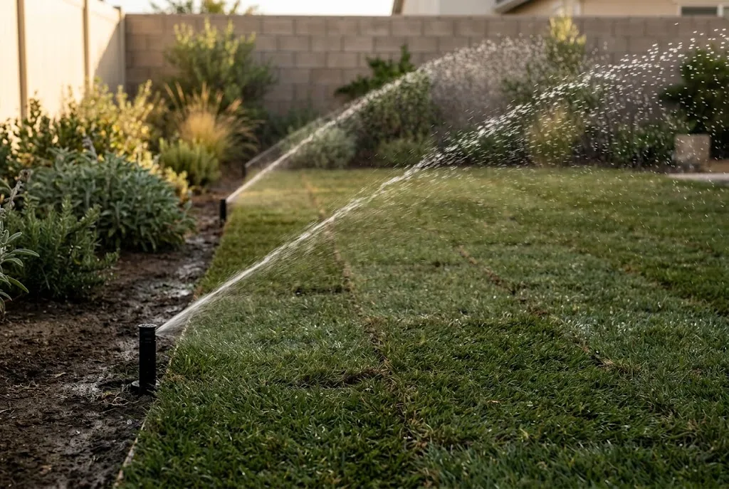 Rotary sprinklers evenly watering newly installed drought tolerant sod at sunrise