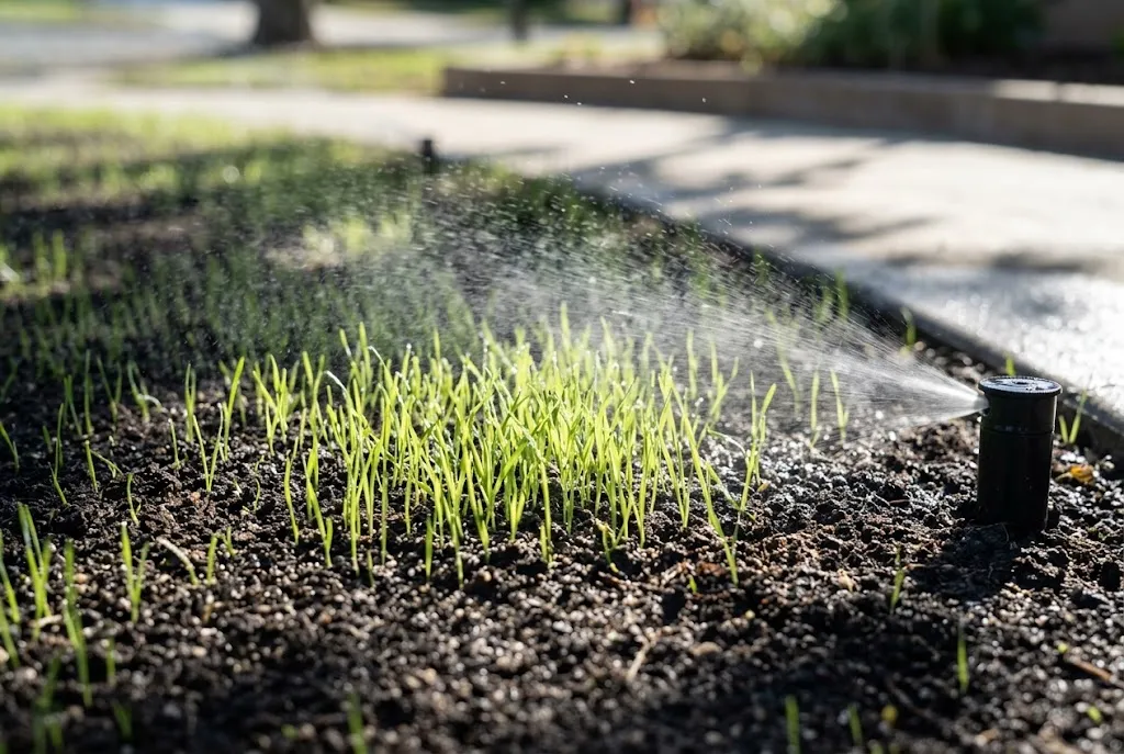 Pop-up sprinkler misting germinating grass seedlings in a newly seeded lawn